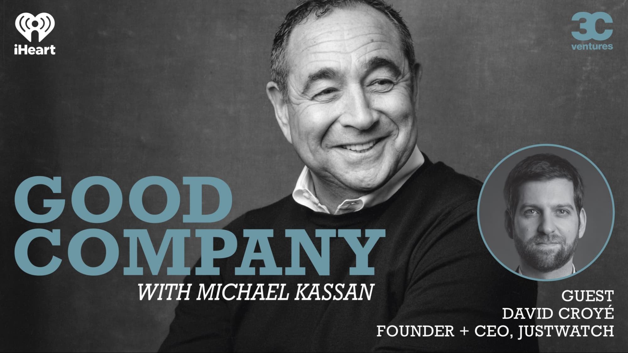 Podcast cover image with a monochrome headshot of Michael Kassan and a smaller profile image of David Croyé